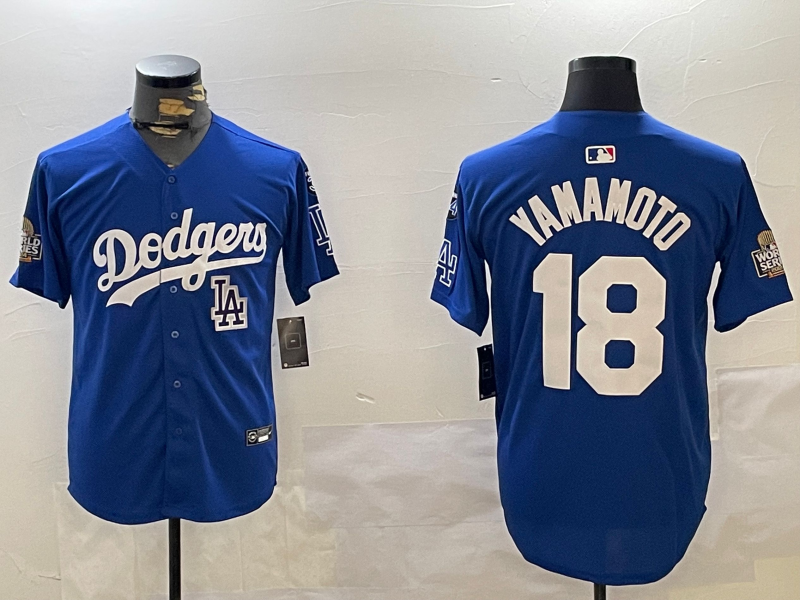 Men Los Angeles Dodgers 18 Yamamoto 2024 World series patch blue jersey 20241120154
